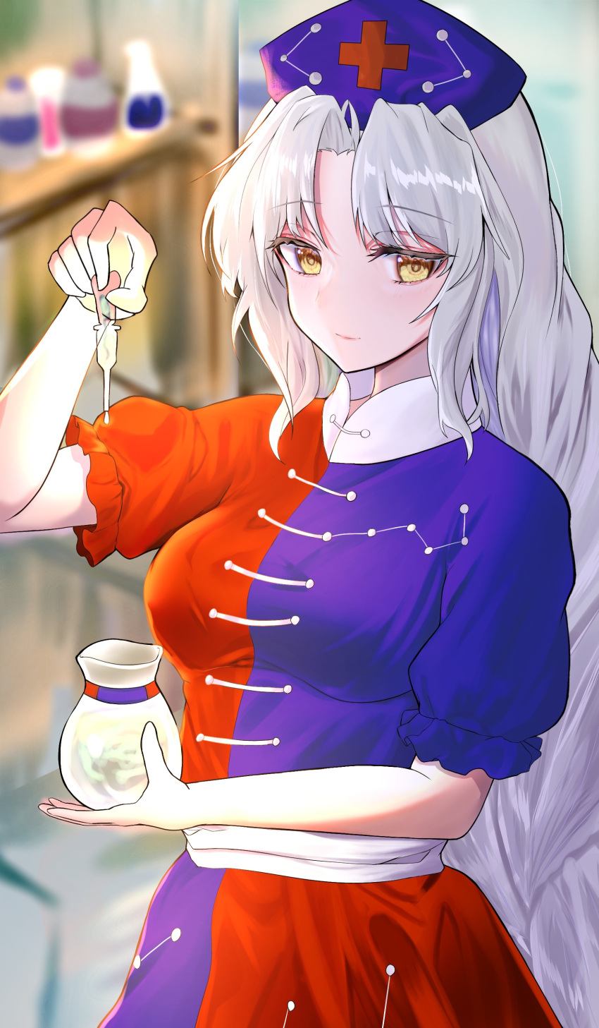 1girl, absurdres, bangs, blurry, blurry_background, closed_mouth, commentary, constellation_print