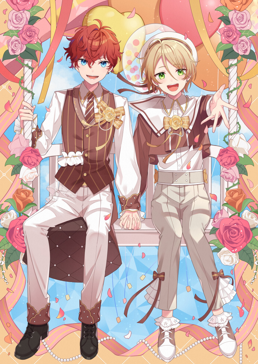 2boys, :d, absurdres, amagi_hiiro, balloon, bangs, beads, black_footwear