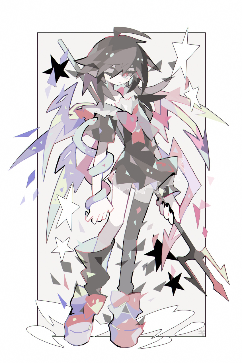 1girl, ;/, absurdres, ahoge, asagina_gi, asymmetrical_legwear, asymmetrical_wings, black_dress