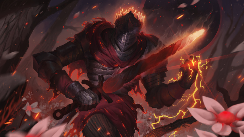 1boy, absurdres, armor, bare_tree, cape, coiled_sword, dark_souls_(series), dark_souls_iii