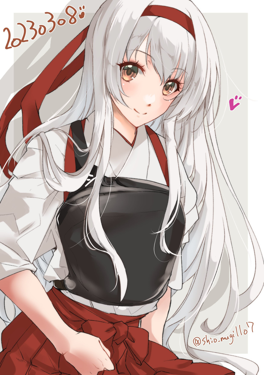 1girl, absurdres, blush, brown_eyes, dated, grey_background, hairband, hakama