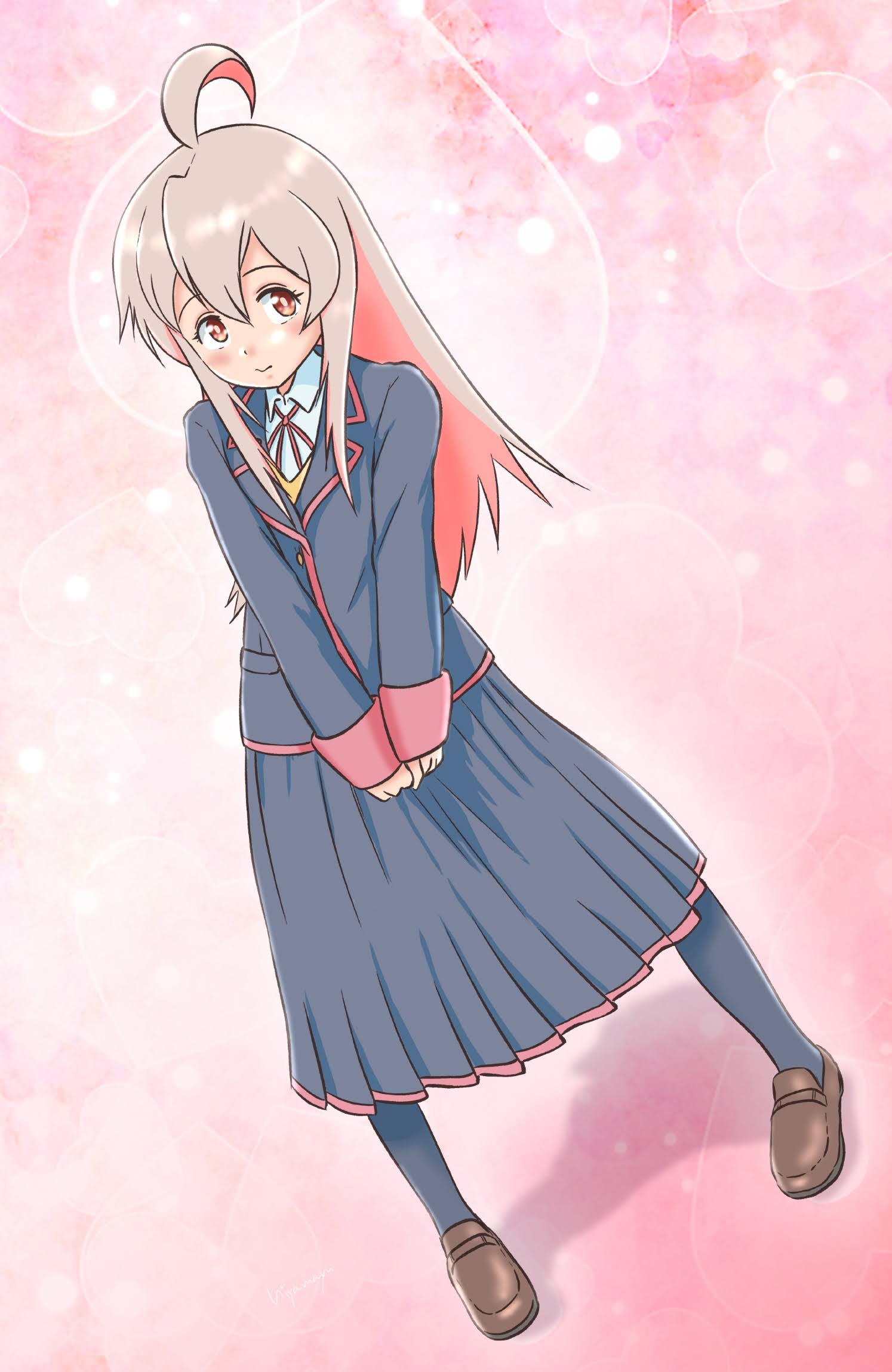 1girl, ahoge, bangs, black_jacket, black_pantyhose, black_skirt, blush, brown_eyes