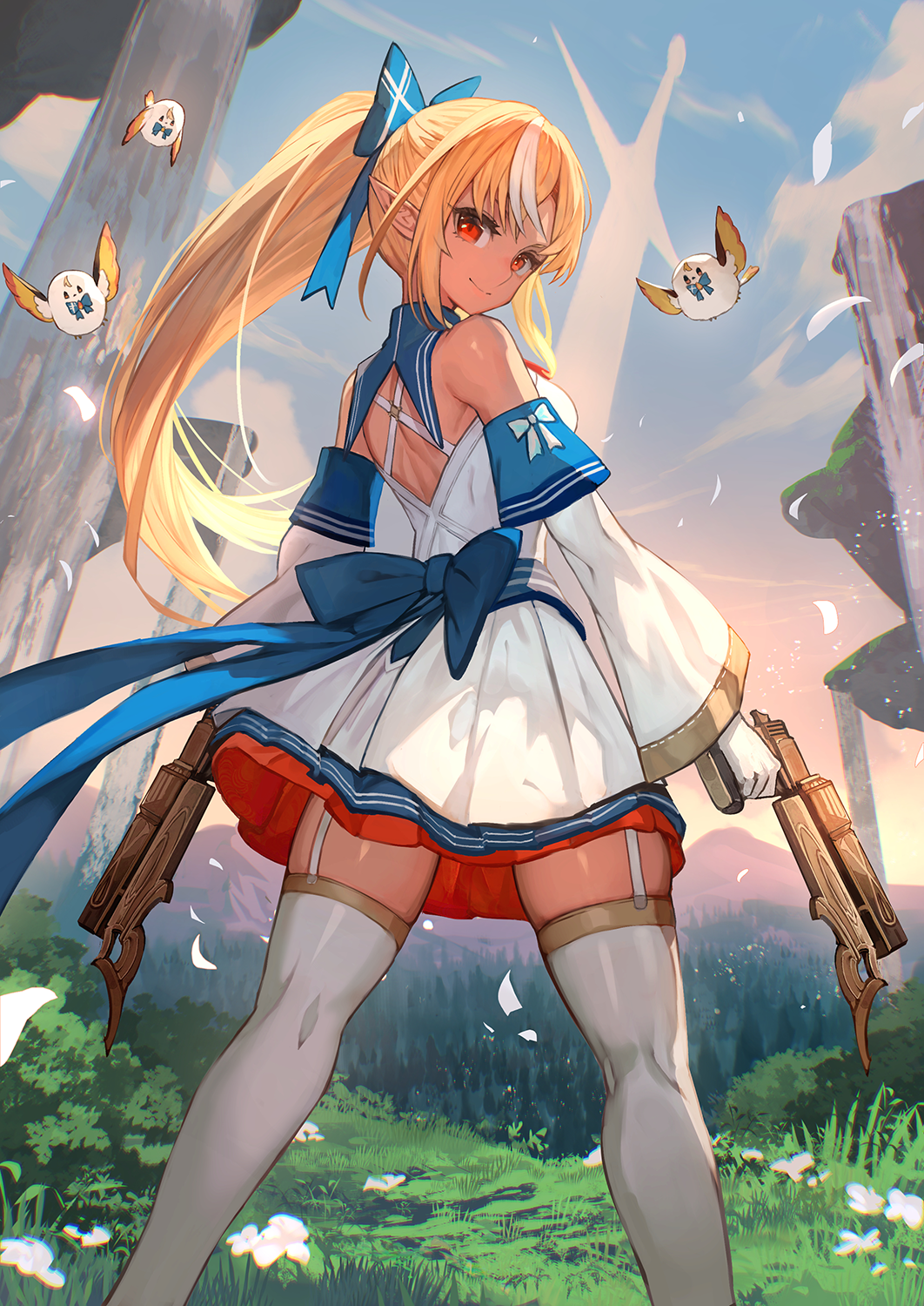 1girl, back, back_cutout, bird, blonde_hair, bow, clothing_cutout, dark-skinned_female