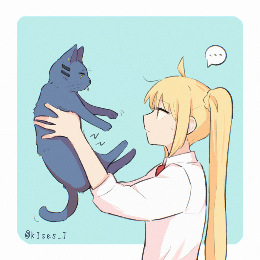 ..., 1girl, absurdres, ahoge, animalization, blonde_hair, blue_cat, bocchi_the_rock!