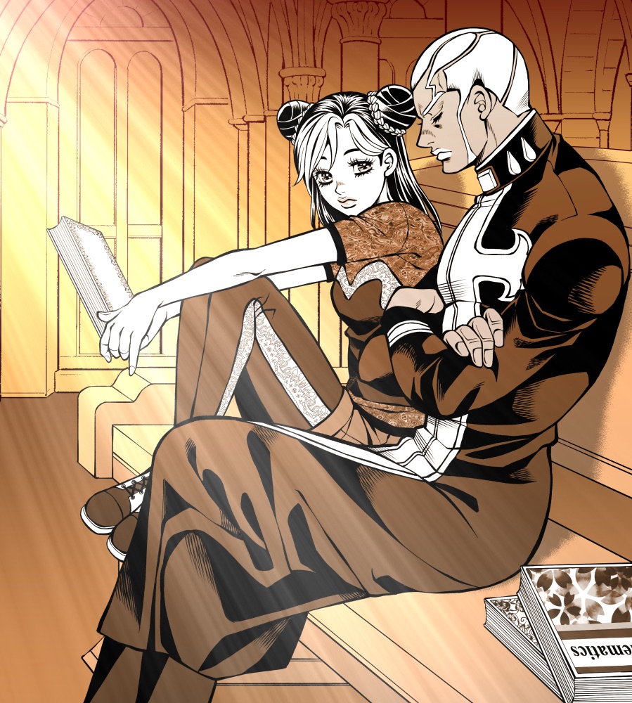1boy, 1girl, aged_down, bible_(object), church, closed_eyes, commentary_request, crossed_arms