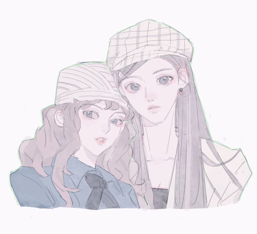 2girls, animification, bangs, black_eyes, black_necktie, black_shirt, blue_eyes, blue_shirt