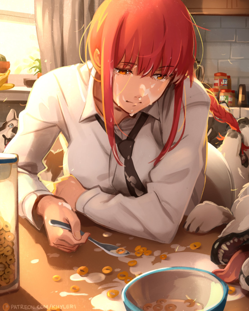 1girl, absurdres, black_necktie, bowl, braid, braided_ponytail, cereal, chainsaw_man
