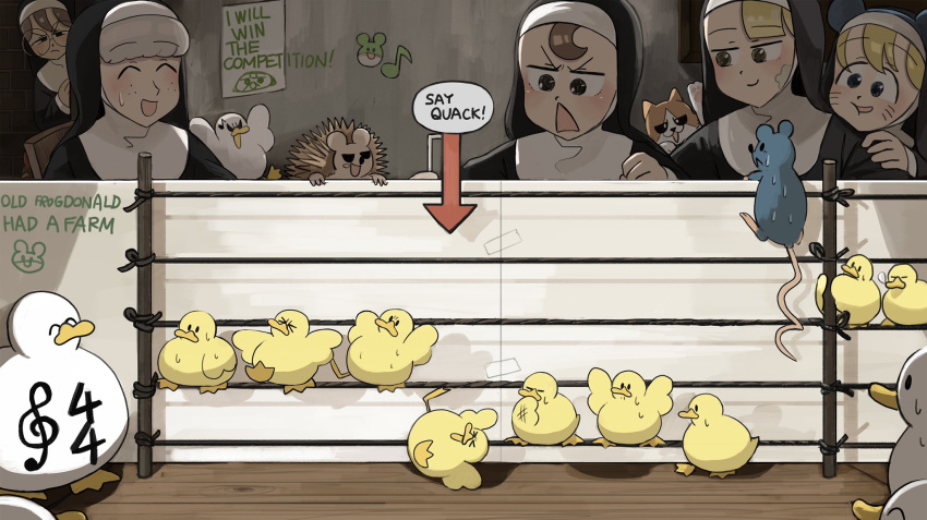 5girls, :d, ^_^, bird, blonde_hair, blue_eyes, brown_eyes, brown_hair