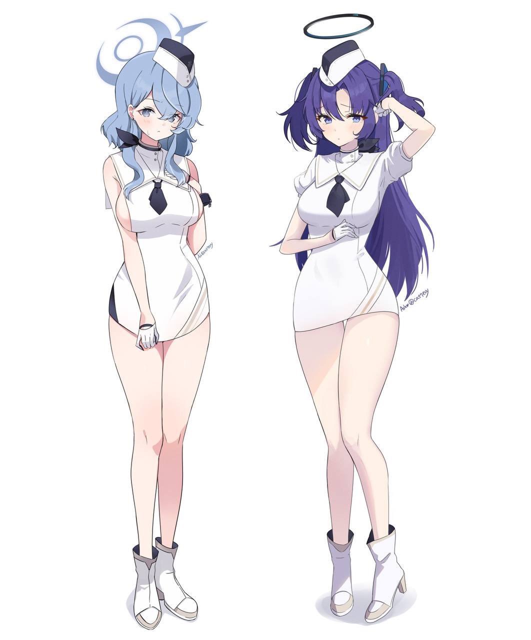 2girls, ako_(blue_archive), ash_(cat7evy), bangs, bare_legs, black_necktie, blue_archive, blue_eyes