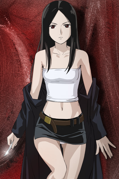 bare_shoulders, black_hair, coat, haruyama, kasugano_ray, long_hair, midriff, off_shoulder