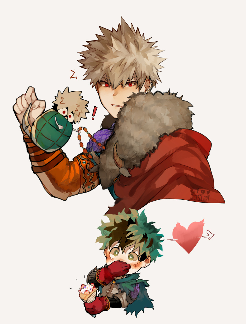 !, 2boys, absurdres, arrow_through_heart, bakugou_katsuki, blonde_hair, boku_no_hero_academia, cape, commentary, covering_mouth, creature, crepe, dynamy_(boku_no_hero_academia), food, gloves, green_eyes, green_hair, heart, heart-shaped_pupils, highres, holding, holding_creature, holding_food, holding_jewelry, holding_necklace, jackeelart, jewelry, looking_at_viewer, male_focus, midoriya_izuku, multiple_boys, necklace, official_alternate_costume, pelt, red_cape, red_eyes, red_gloves, short_hair, simple_background, spanish_commentary, spiky_hair, symbol-shaped_pupils, upper_body, white_background
