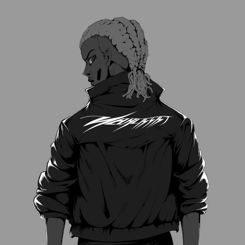 1boy, closed_mouth, dark-skinned_male, dark_skin, dreadlocks, from_behind, highres, jacket, keeeey, looking_at_viewer, looking_back, male_focus, monochrome, playboi_carti, real_life, short_hair, solo, turning_head, upper_body