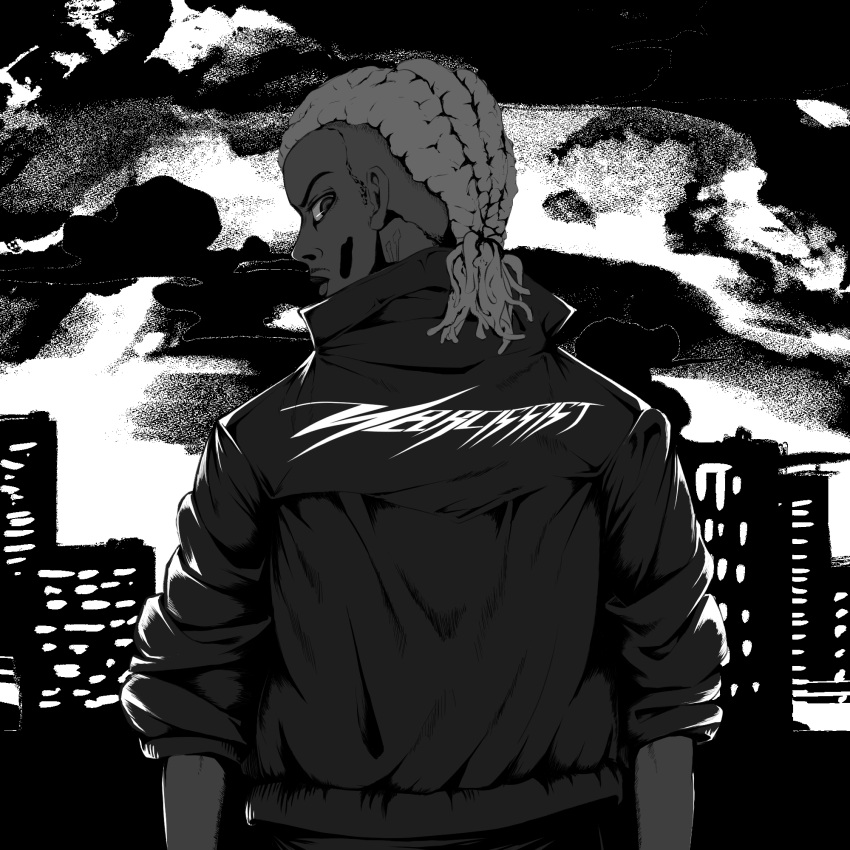 1boy, building, city, closed_mouth, dark-skinned_male, dark_skin, dreadlocks, from_behind