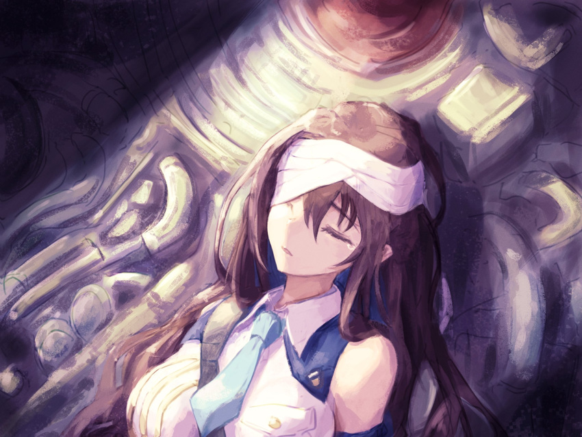 1girl, bandaged_head, bandages, bangs, blue_necktie, breasts, brown_hair, closed_eyes, collared_shirt, detached_sleeves, goddess_of_victory:_nikke, highres, long_hair, lying, marian_(nikke), necktie, parted_lips, rapture_(nikke), shirt, sidelocks, sleeveless, sleeveless_shirt, solo, stella_(stella), strap, tearing_up, upper_body, wreckage