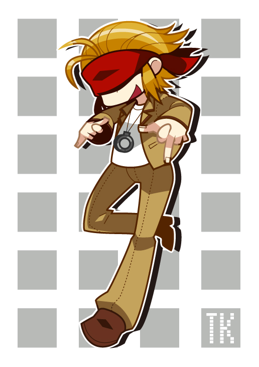 bandana, blonde_hair, chibi, grin, handcuffs, osomatsu, shadow, solo