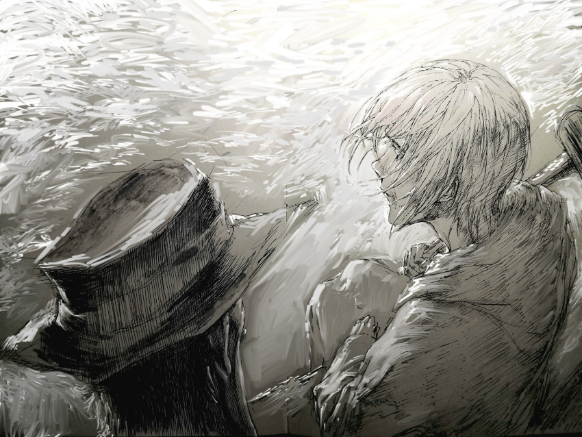 2boys, bangs, cane, cowboy_hat, filame_(filamen0112), from_above, greyscale, hat, highres, holding, holding_cane, kenny_(shingeki_no_kyojin), lake, male_focus, monochrome, multiple_boys, robe, shingeki_no_kyojin, short_hair, uri_reiss, wind