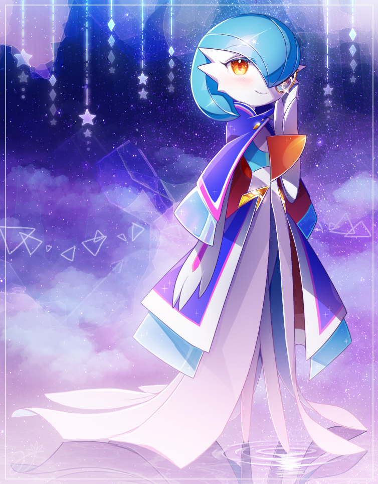 1girl, alternate_color, arm_at_side, artist_name, bangs, blue_capelet, blue_hair, blue_skin, blue_sky, blush, bob_cut, border, capelet, closed_mouth, clothed_pokemon, clouds, colored_skin, commentary, elbow_gloves, flat_chest, full_body, gardevoir, gardevoir_(sacred), glint, gloves, gold, gold_trim, hair_over_one_eye, hand_up, happy, looking_at_viewer, lotosu, multicolored_skin, one_eye_covered, orange_eyes, pokemon, pokemon_(creature), ripples, shiny_pokemon, short_hair, signature, sky, smile, solo, standing, standing_on_liquid, star_(sky), star_(symbol), starry_sky, two-tone_skin, waist_cape, water, white_border, white_gloves, white_skin