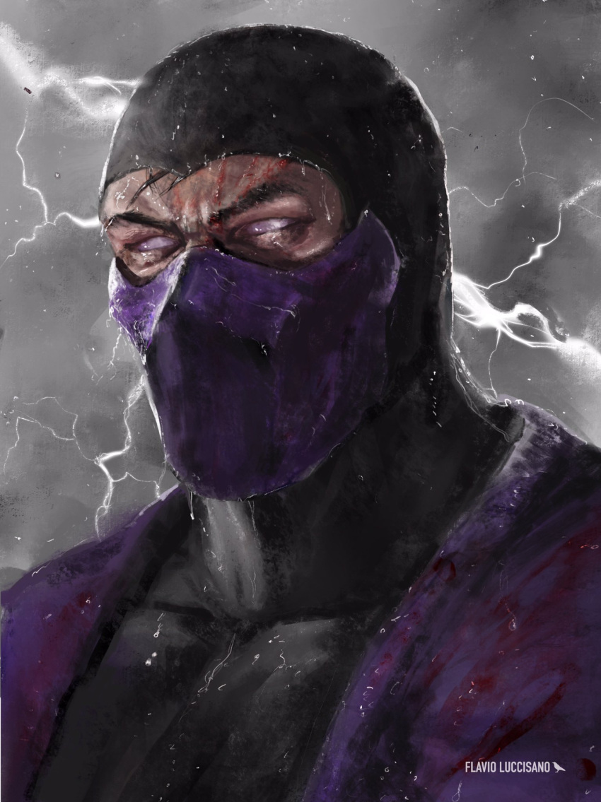 1boy, artist_name, commentary, deviantart, english_commentary, flavioluccisano, grey_sky, highres, lightning, male_focus, mask, mortal_kombat, mortal_kombat_armageddon, mortal_kombat_trilogy, ninja, outdoors, portrait, rain_(mortal_kombat), solo, twitter, violet_eyes, wet