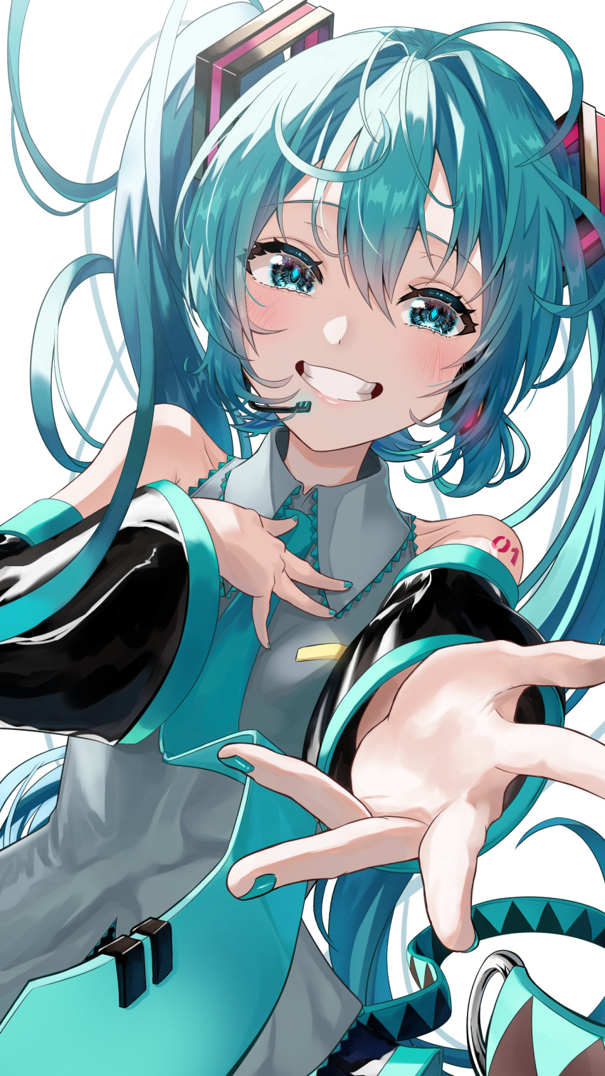 1girl, absurdres, aqua_eyes, aqua_hair, aqua_nails, aqua_necktie, arm_tattoo, bare_shoulders