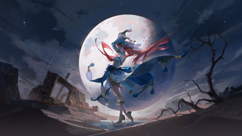 1girl, arms_up, back_bow, bangs, bare_back, bare_shoulders, bare_tree, blue_bow, blue_skirt, blue_sky, bow, branch, breasts, brown_footwear, closed_eyes, clouds, cloudy_sky, crop_top, detached_sleeves, falling_star, full_moon, genshin_impact, gladiator_sandals, gold_trim, hair_between_eyes, highres, jewelry, long_hair, long_sleeves, medium_breasts, moon, night, night_sky, nilou_(genshin_impact), outdoors, ponytail, puffy_detached_sleeves, puffy_long_sleeves, puffy_sleeves, redhead, sandals, shadow, skirt, sky, solo, standing, star_(sky), starry_sky, tassel, thighlet, tobu_0w0, tree, veil, water
