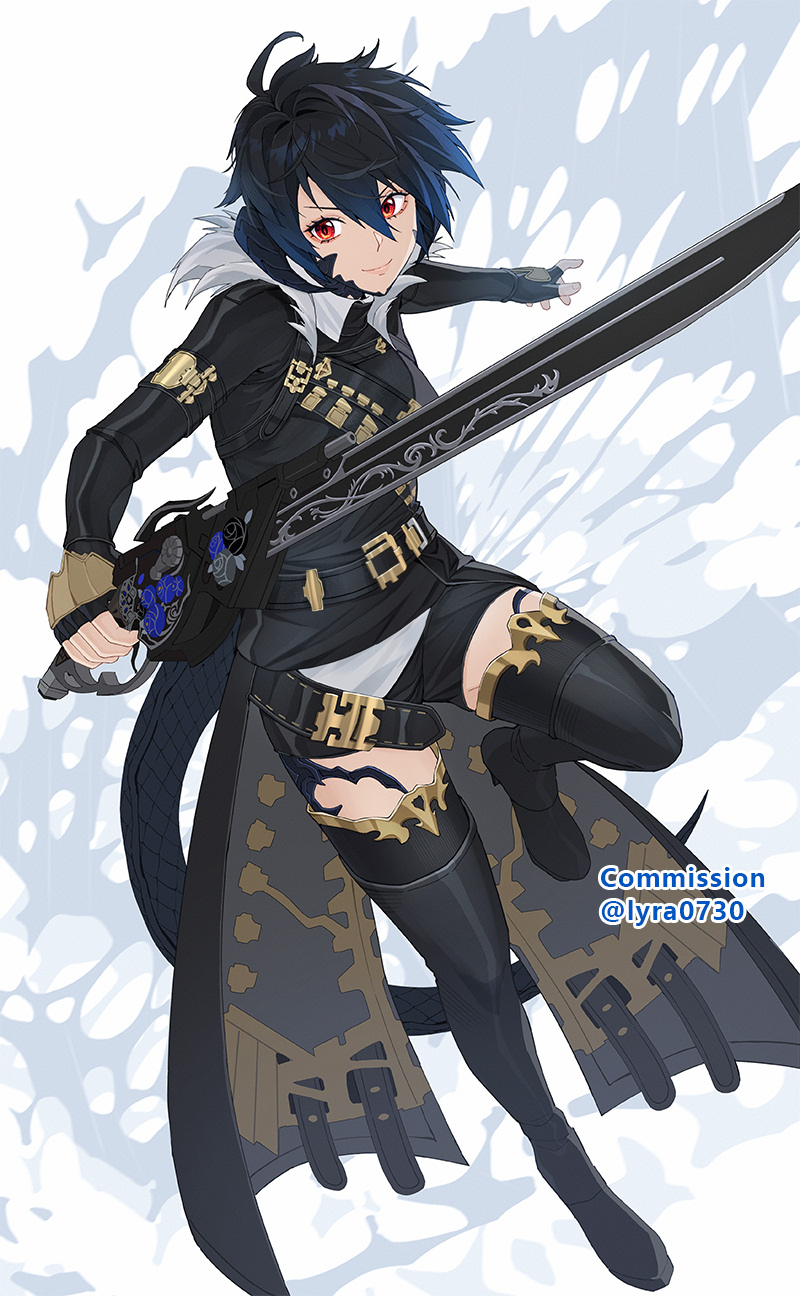 1girl, au_ra, avatar_(ff14), belt, black_gloves, black_hair, black_thighhighs, boots