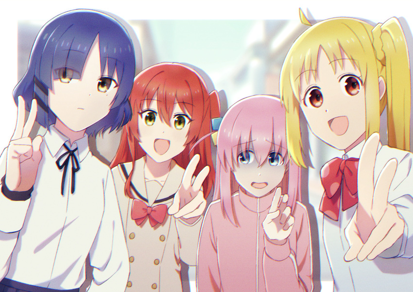 4girls, absurdres, ahoge, black_hair, blonde_hair, bocchi_the_rock!, brown_eyes, gotou_hitori, hair_ornament, highres, ijichi_nijika, jacket, kita_ikuyo, long_hair, looking_at_viewer, multiple_girls, nervous, one_side_up, open_mouth, pink_hair, redhead, sailor_collar, school_uniform, side_ponytail, smile, sssss_204, track_jacket, v, yamada_ryou