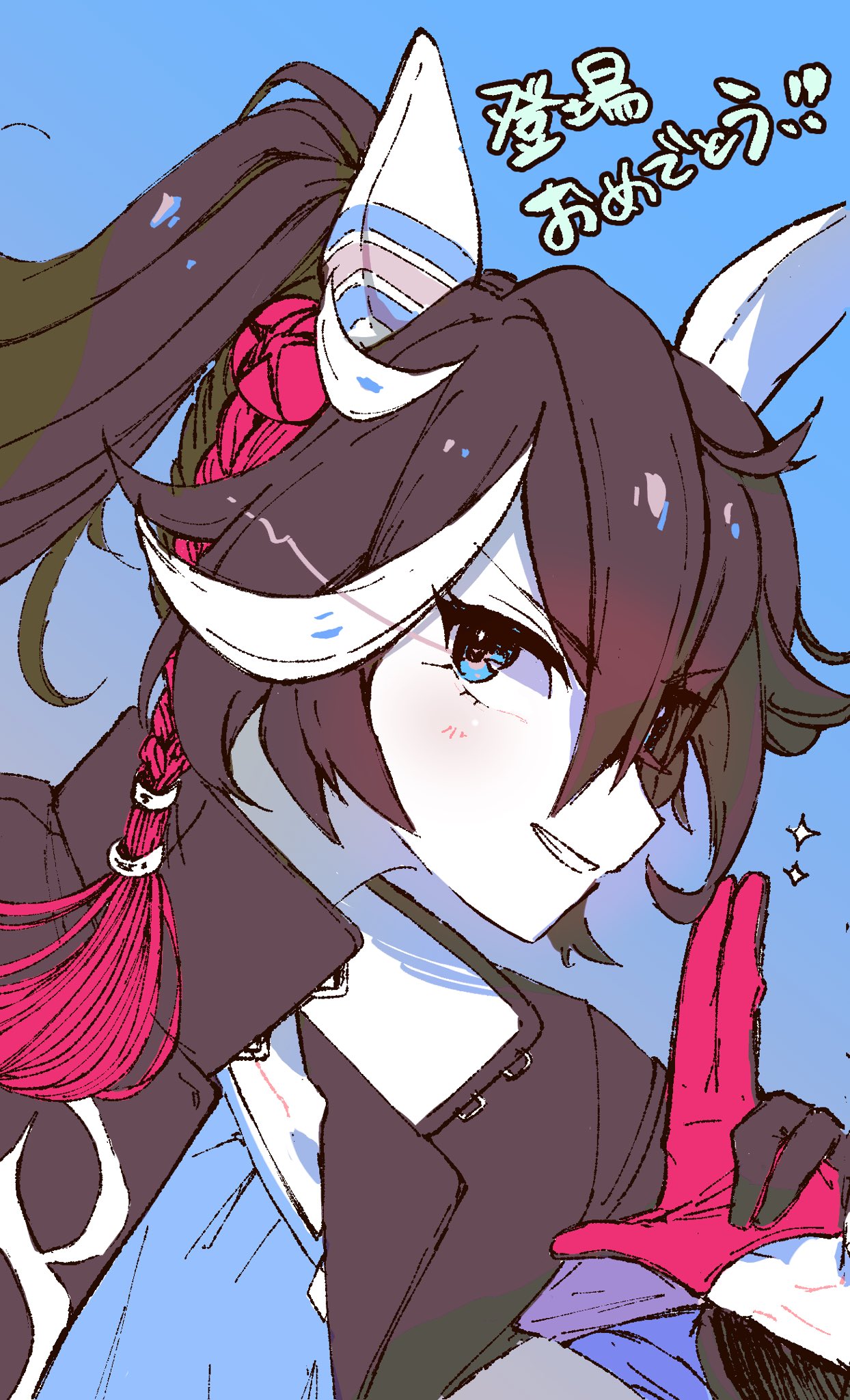 1girl, animal_ears, bangs, black_hair, black_jacket, blue_background, blue_eyes, blue_shirt