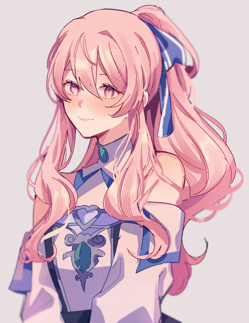 1other, absurdres, akiyama_mizuki, androgynous, bangs, detached_sleeves, english_commentary, grey_background, highres, long_hair, orri_(iirokagi), pink_eyes, pink_hair, ponytail, project_sekai, sidelocks, smile, solo