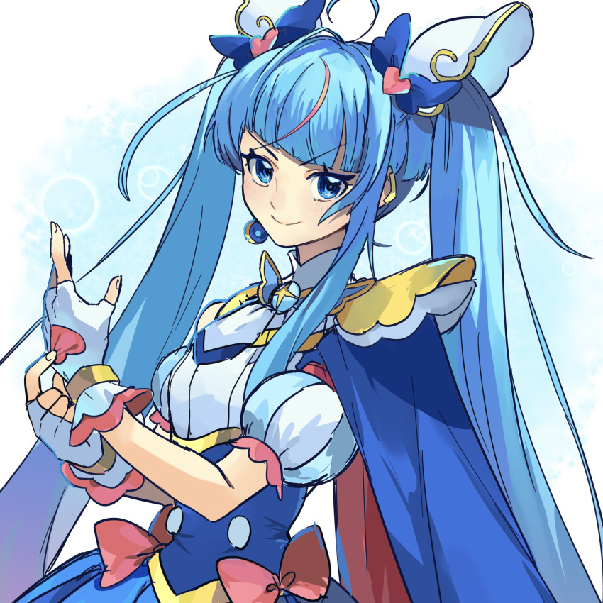 1girl, absurdres, adjusting_clothes, adjusting_gloves, ahoge, blue_eyes, blue_hair, bow