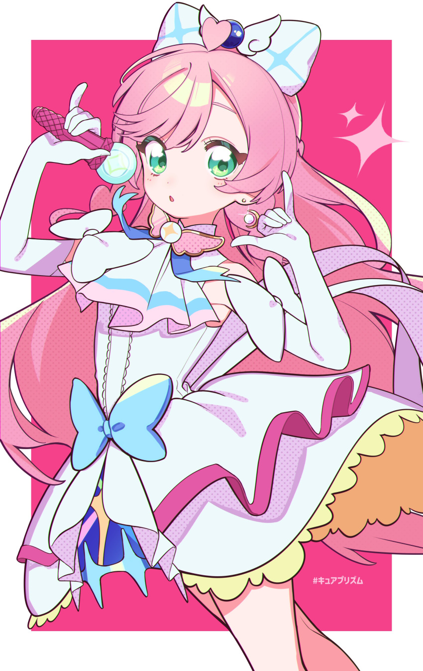 1girl, absurdres, ahoge, ascot, blue_bow, bow, brooch, commentary_request, cure_prism, dress, earrings, elbow_gloves, gloves, green_eyes, hair_bow, heart, heart_ahoge, highres, hirogaru_sky!_precure, jewelry, long_hair, magical_girl, misao_koinu, nijigaoka_mashiro, open_mouth, pink_hair, precure, single_earring, sky_mirage, solo, white_ascot, white_bow, white_dress, white_gloves, wing_brooch
