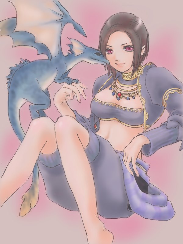 1girl, avatar_(ff11), bard_(final_fantasy), barefoot, black_hair, breasts, closed_mouth, cropped_jacket
