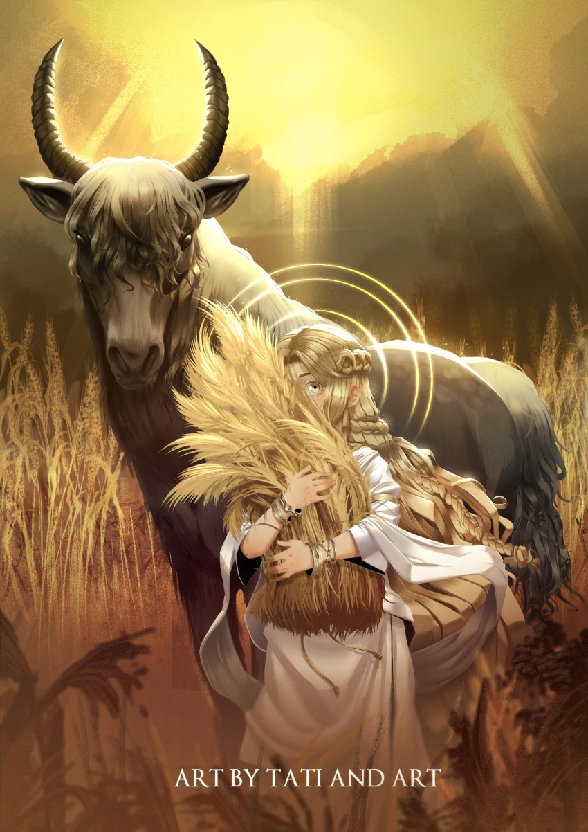 1boy, 1other, artist_name, blonde_hair, braid, child, crown_braid, elden_ring, halo, highres, holding, holding_grass, horns, horse, light_rays, long_hair, looking_at_viewer, miquella_(elden_ring), taticastellanogonzalez, torrent_(elden_ring), wheat, wheat_field, white_tunic