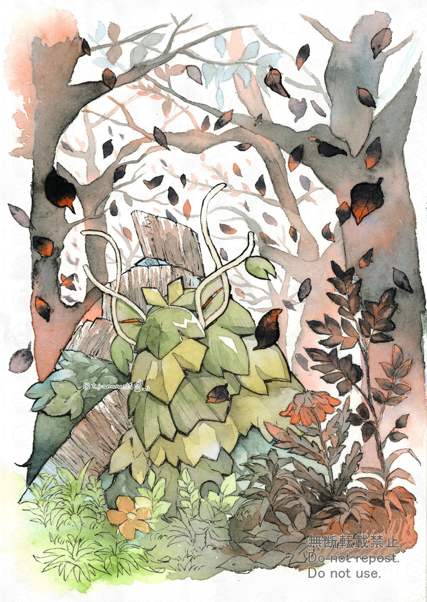 commentary_request, falling_leaves, flower, grass, highres, leaf, no_humans, orange_eyes