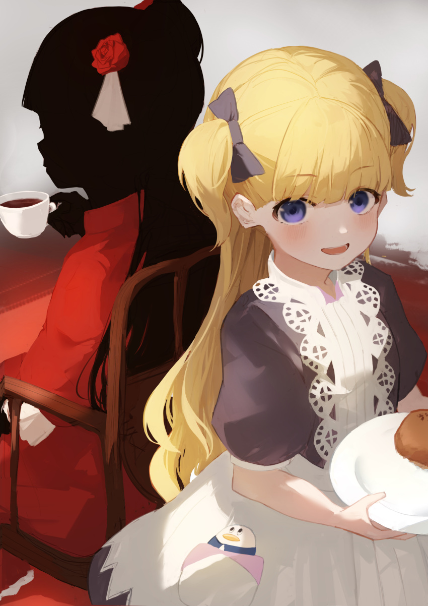 2girls, absurdres, apron, bangs, black_hair, black_skin, blonde_hair, blue_eyes