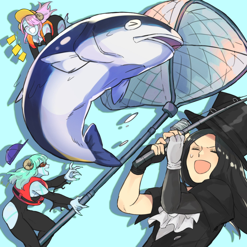 1other, 2girls, :d, androgynous, aqua_background, baseball_cap, black_gloves, black_hair