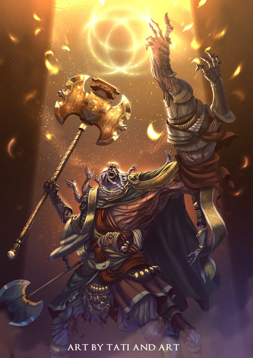 1boy, axe, battle, battle_axe, braid, chain, crazy_smile, crown, elden_ring, elden_ring_(object), evil_smile, extra_arms, gem, godrick_the_grafted, gold_chain, highres, holding, holding_axe, holding_weapon, jewelry, long_hair, red_gemstone, side_braids, smile, solo, taticastellanogonzalez, twin_braids, weapon, white_eyes, white_hair