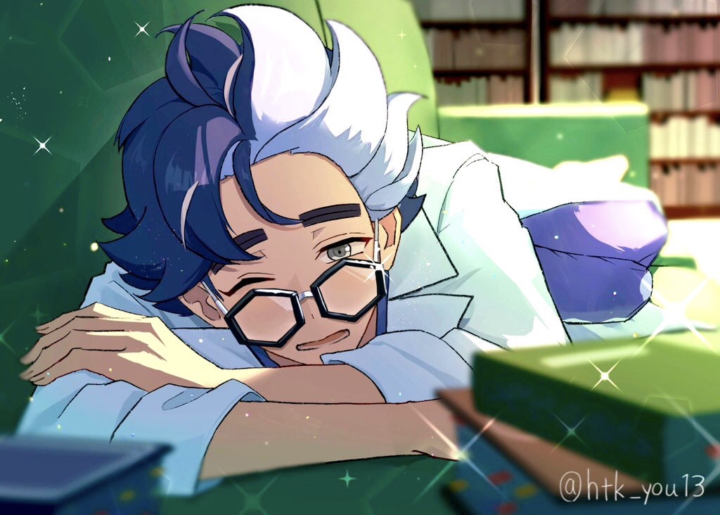 1boy, bangs, black-framed_eyewear, blurry, book, bookshelf, coat, commentary_request