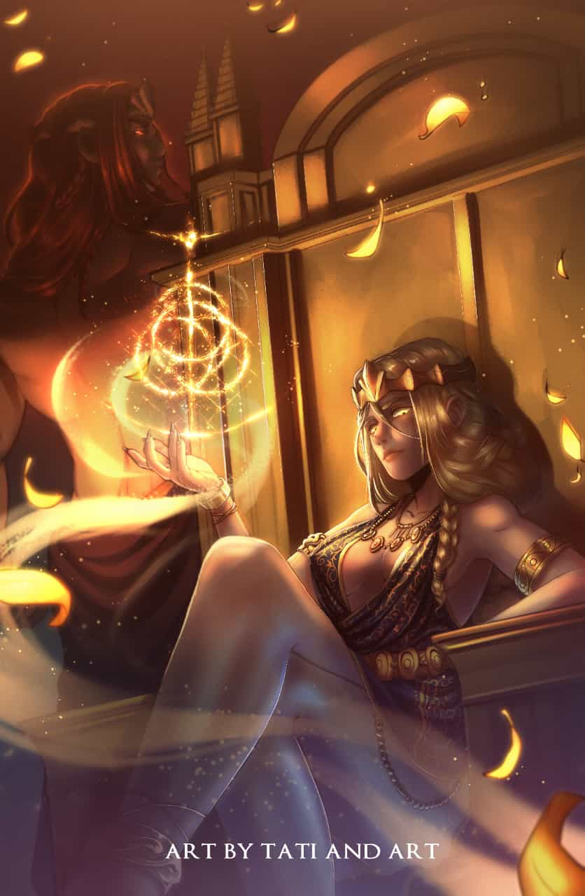 1boy, 1girl, artist_name, blonde_hair, braid, breasts, crown, dress, elden_ring, elden_ring_(object), falling_petals, fantasy, glowing_petals, gold, highres, husband_and_wife, jewelry, king, long_hair, medium_breasts, petals, queen, queen_marika_the_eternal, radagon_of_the_golden_order, redhead, side_braids, single_braid, sitting, taticastellanogonzalez, throne, topless_male