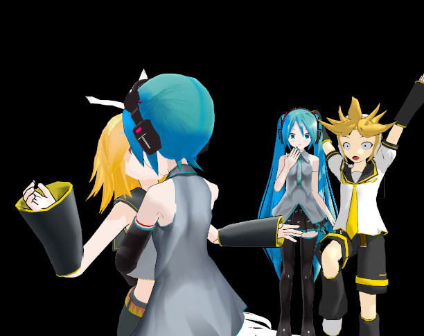 2boys, 2girls, blonde_hair, couple, hatsune_miku, hatsune_mikuo, hug, kagamine_len