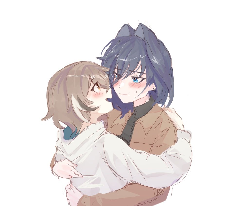2girls, alternate_costume, bangs, blue_eyes, blue_hair, blush, brown_eyes, brown_hair