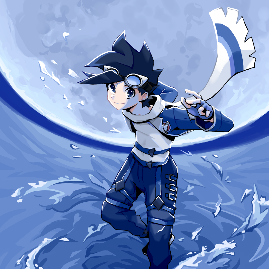 1boy, black_hair, blue_jacket, blue_pants, closed_mouth, commentary, ethan_(pokemon), ethan_(sygna_suit)_(pokemon)