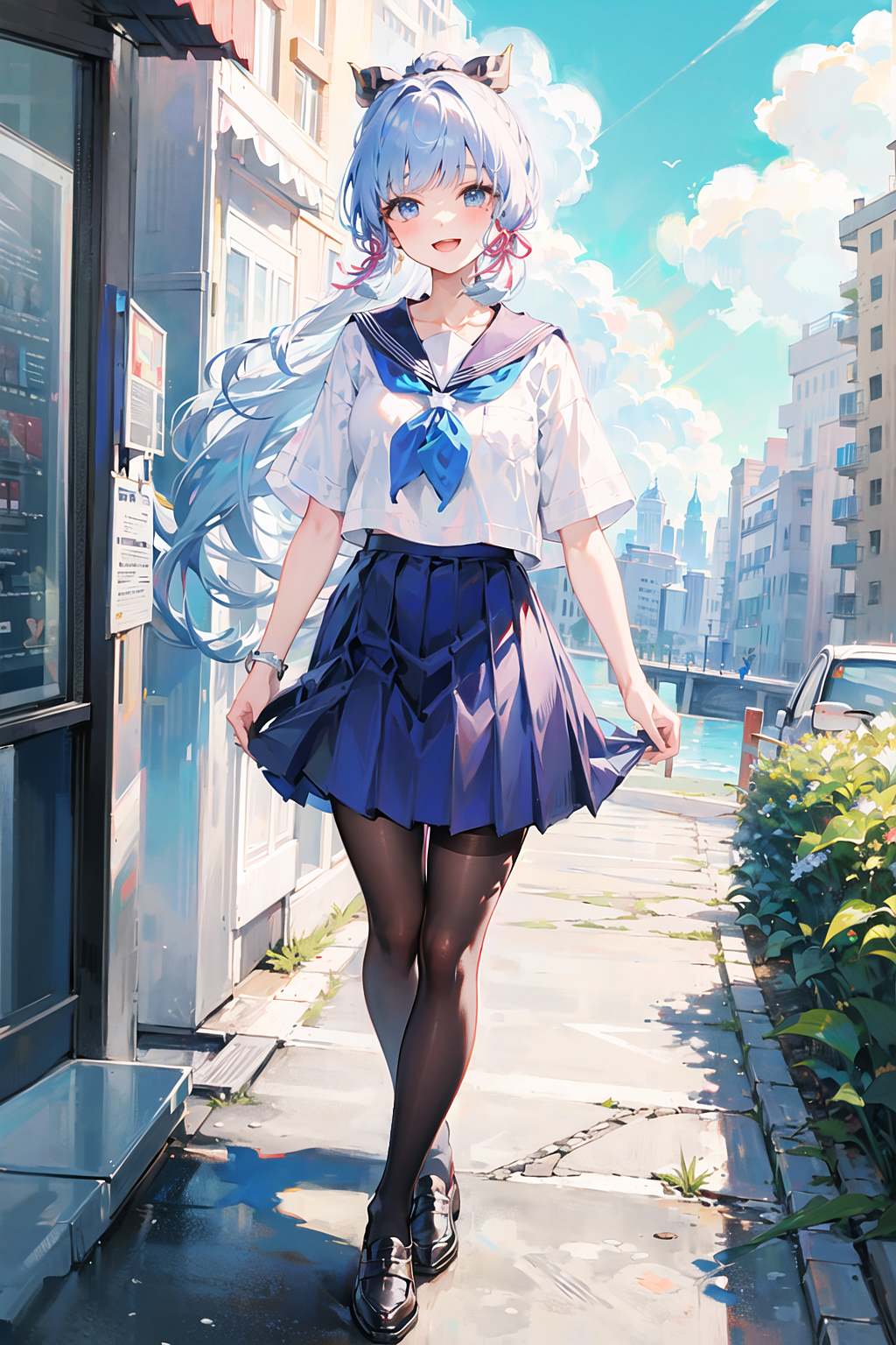 1girl, :d, ai-generated, bangs, bird, black_footwear, black_ribbon, blue_eyes