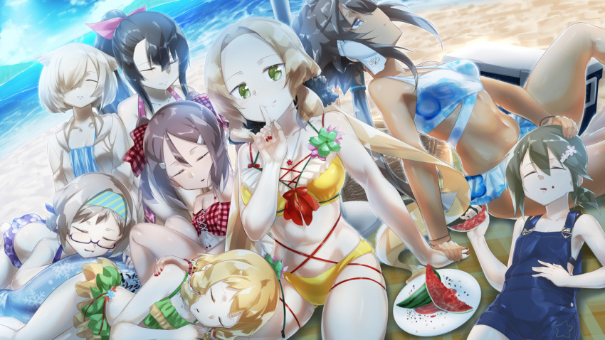 6+girls, akihara_sekka, beach, blonde_hair, blue_eyes, brown_hair, food, fruit