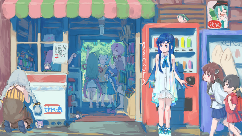 6+girls, absurdres, arm_behind_back, arm_up, backpack, bag, bangs, bare_shoulders
