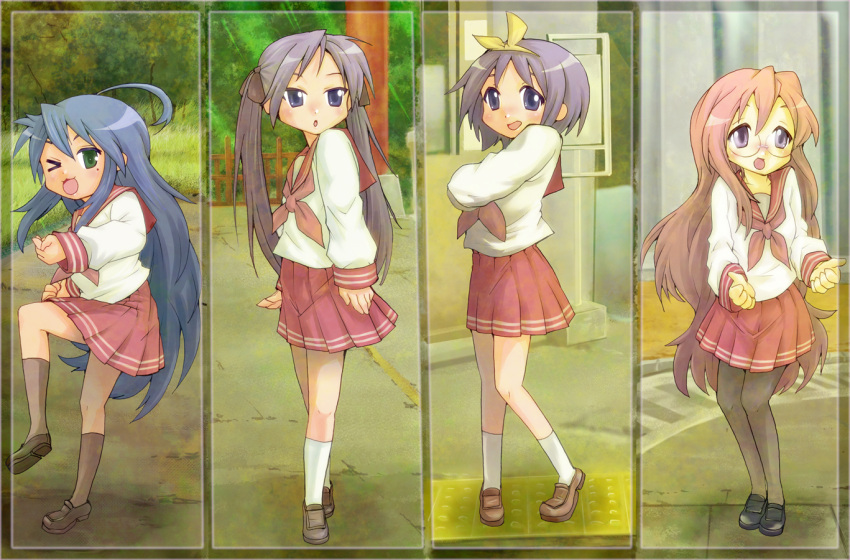 bad_hands, bad_id, dancing, error, hiiragi_kagami, hiiragi_tsukasa, izumi_konata, konkuri, long_hair, lucky_star, motteke!_serafuku, pantyhose, school_uniform, short_hair, takara_miyuki, twintails, wink
