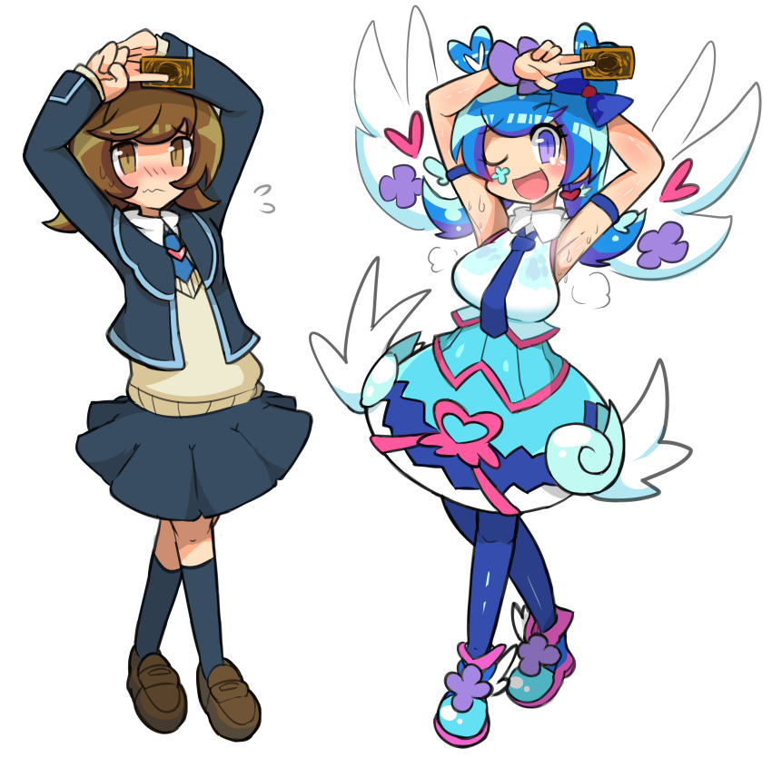 2girls, absurdres, armband, armpits, arms_up, bangs, bleuzer, blue_angel