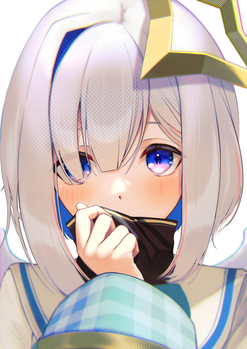 1girl, absurdres, adjusting_clothes, adjusting_collar, amane_kanata, angel_wings, asymmetrical_bangs, asymmetrical_hair