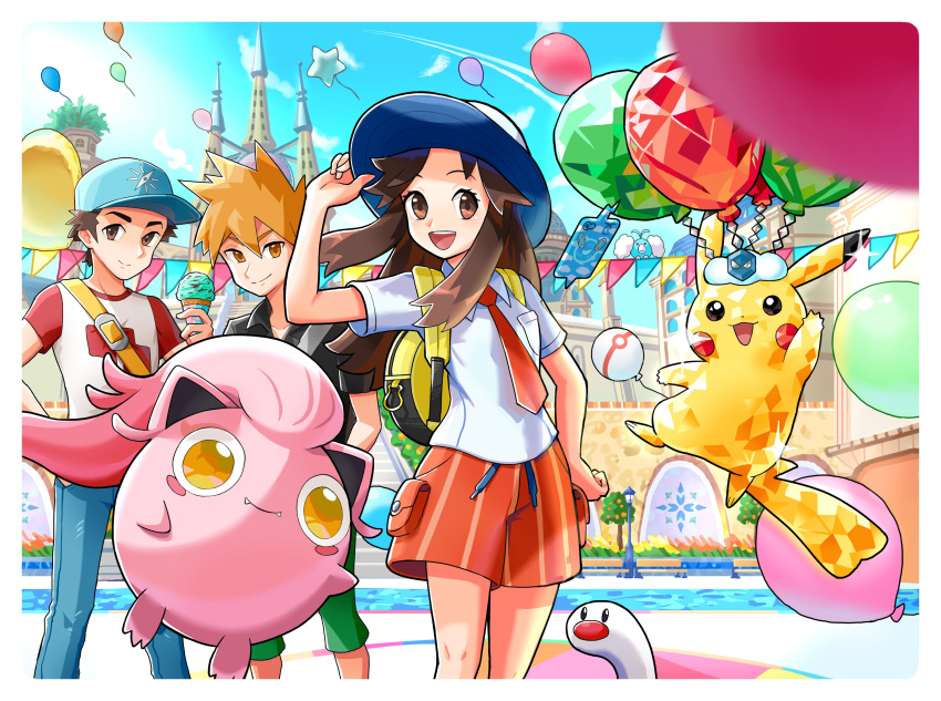 1girl, 2boys, :d, absurdres, backpack, bag, balloon, bangs