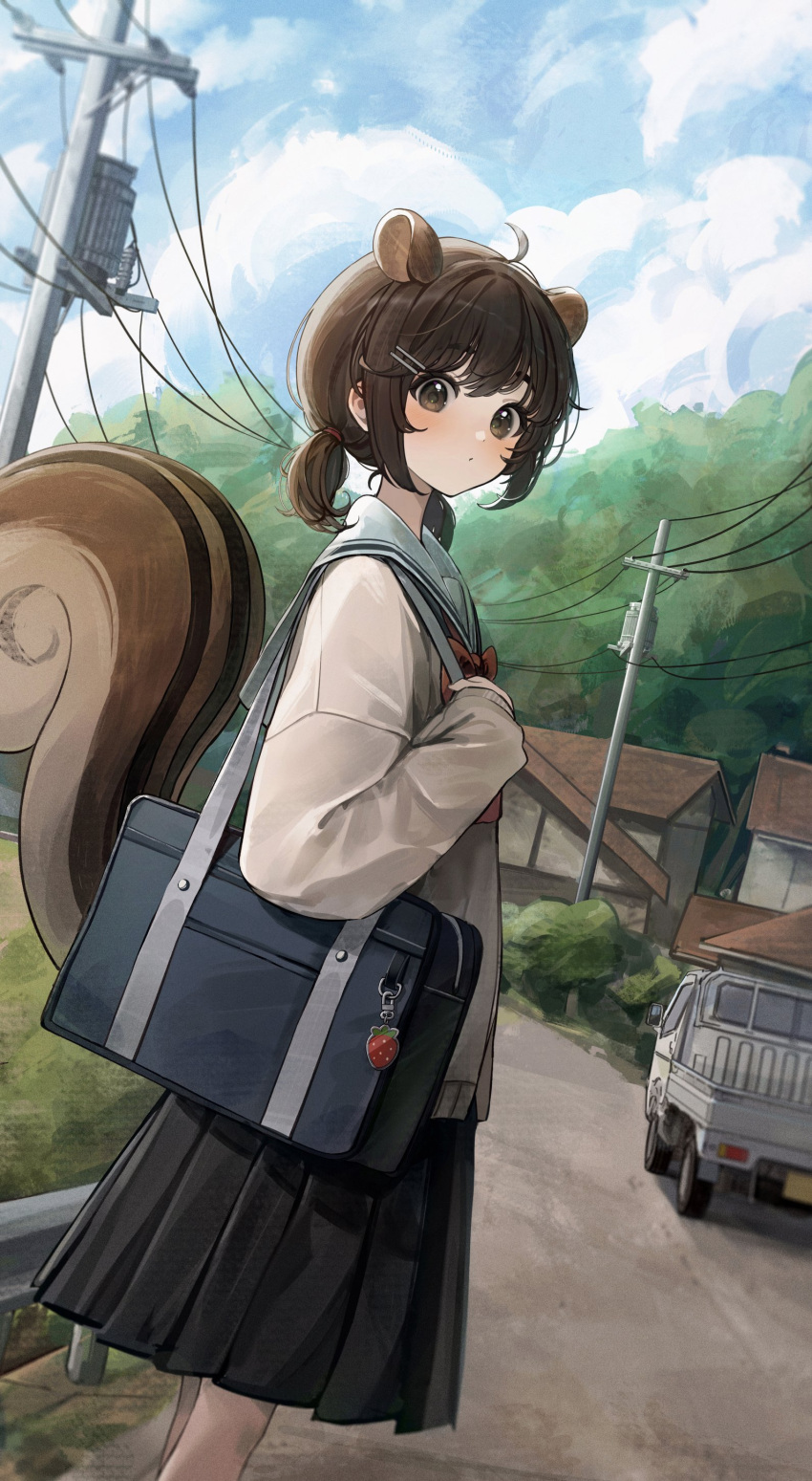 1girl, absurdres, ahoge, animal_ears, bag, black_skirt, blue_bag, blue_sky