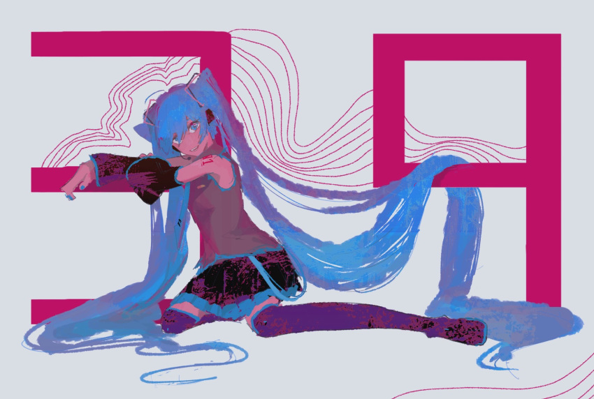 1girl, 39, absurdly_long_hair, black_footwear, black_skirt, blue_eyes, blue_hair, blue_nails